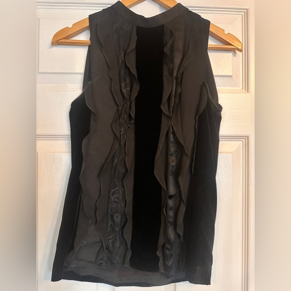 Jigsaw Black Velvet and Lace Ruffle Sleeveless Fitted Top